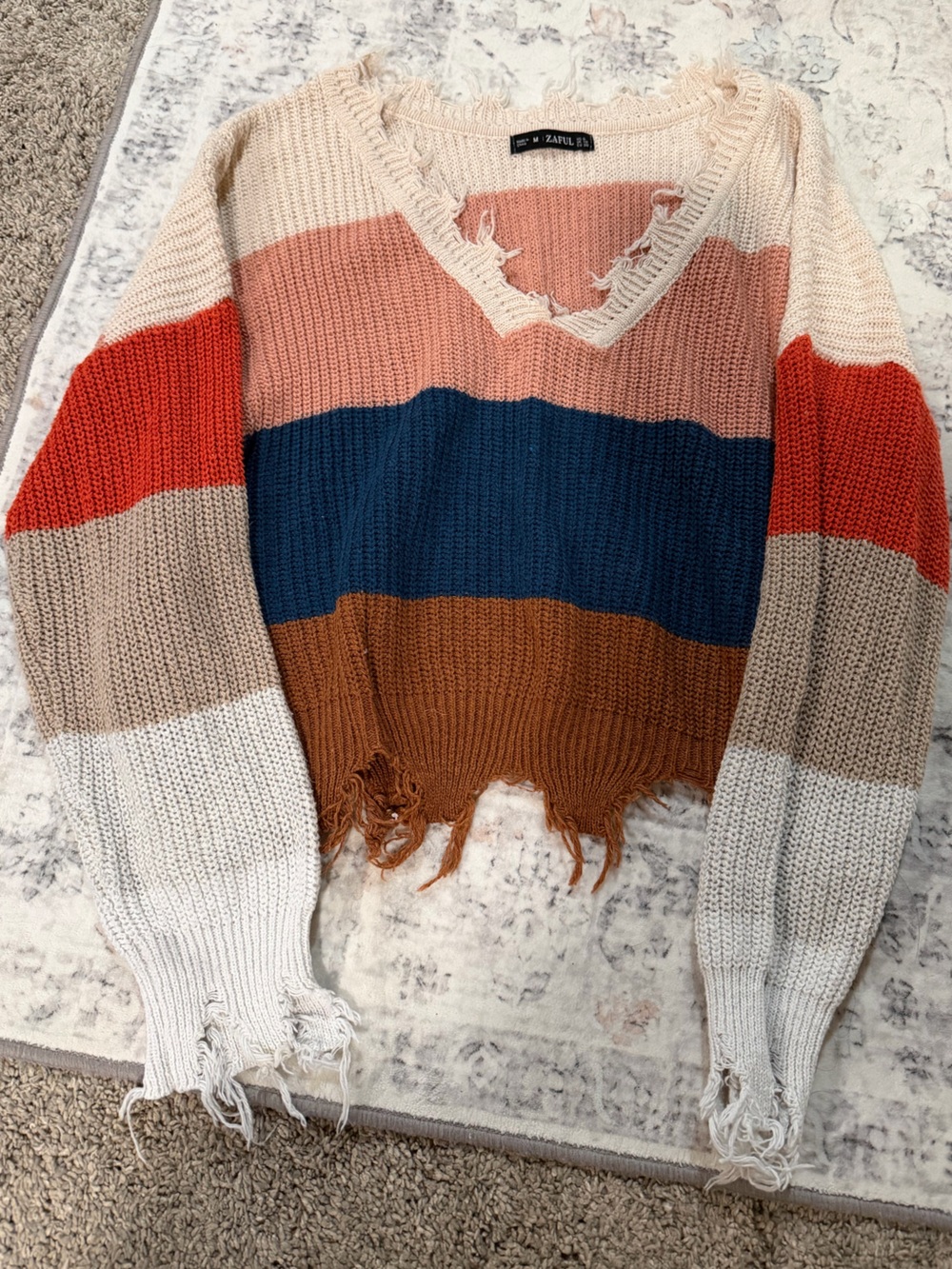 Zaful Striped Distressed Crewneck Sweater in Cream, Rust, Navy, Blush, Tan